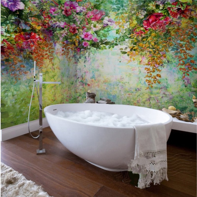 Preciosos murales de pared para baño 3D impermeables con estampado de flores y árboles