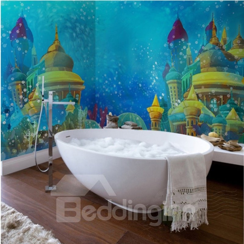 Murales de pared de baño 3D impermeables decorativos con diseño de castillo mágico de dibujos animados lindos