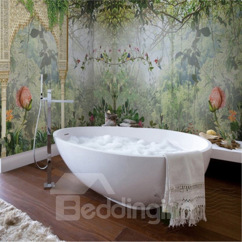 Murales de pared de baño 3D impermeables con diseño de patrón de bosque exuberante natural