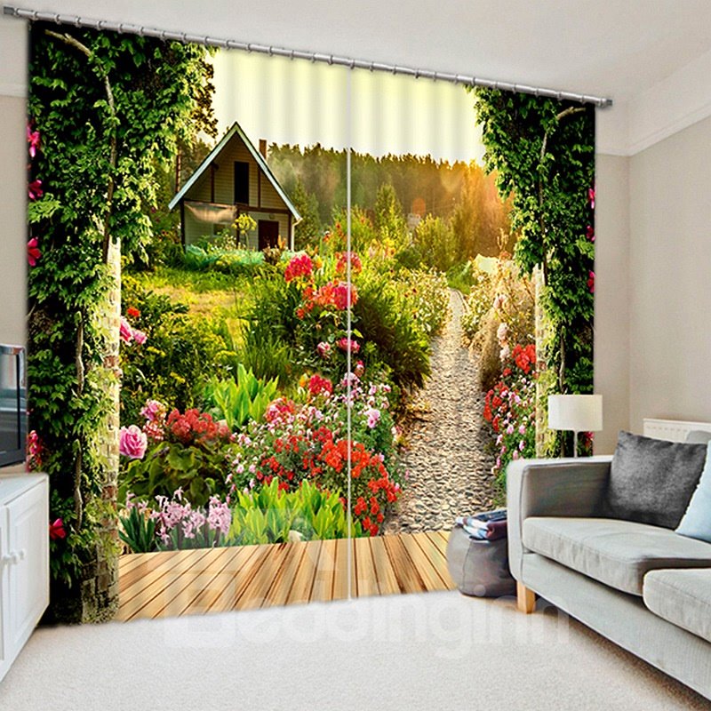 Beautiful Scenery of Garden Printing Polyester Custom Bedroom and Living Room 3D Curtain