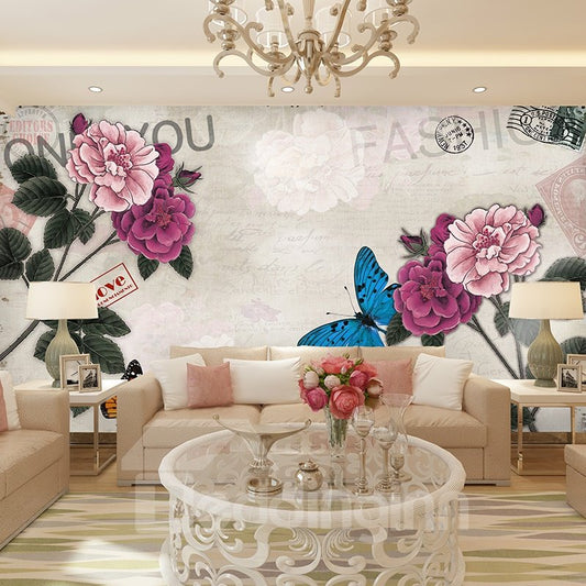 Preciosos murales de pared 3D impermeables con estampado de flores y mariposas