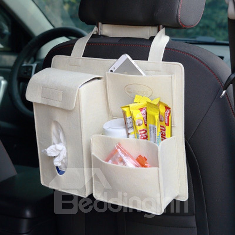 Durable Soft Felt Material Multiple Pockets Beige White Car Backseat Organizer