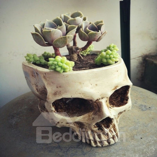 White Resin Fearful Skull Shape Design Desktop Decoration Flower Pot