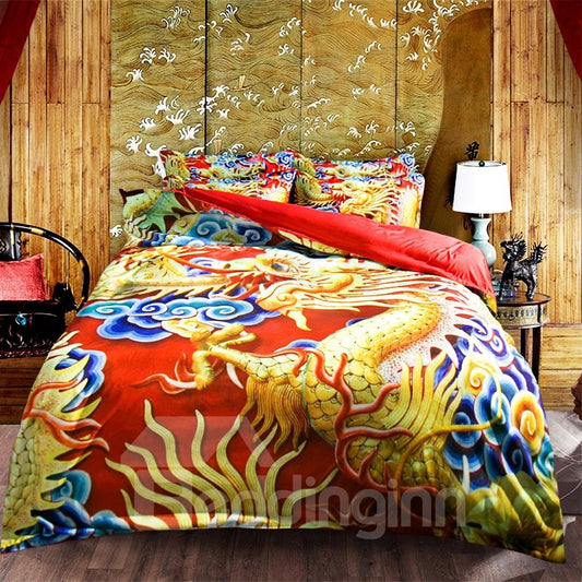 Edle 4-teilige Polyester-Bettbezug-Sets mit chinesischem Drachen-Motiv, langlebig, hautfreundlich, ganzjährig