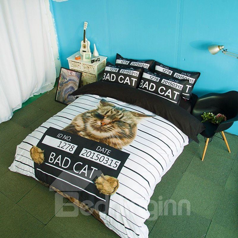 Unique Design Bad Cat Print 4-Piece Polyester Duvet Cover Sets