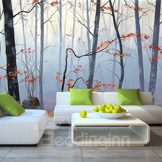 Murales de pared decorativos impermeables con patrón de paisaje de bosque otoñal borroso 