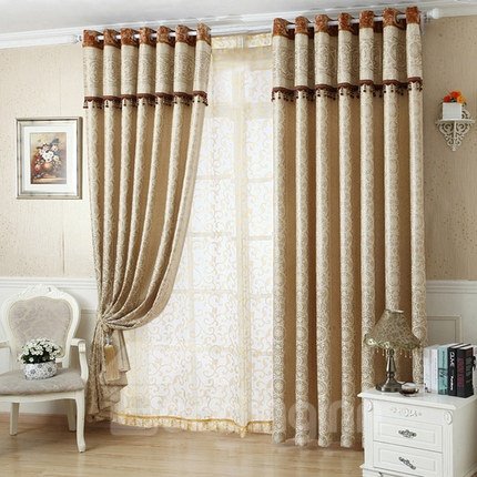 European Style Contemporary Beige Two Panels Custom Sheer Curtains Polyester Net Drapes for Living Room