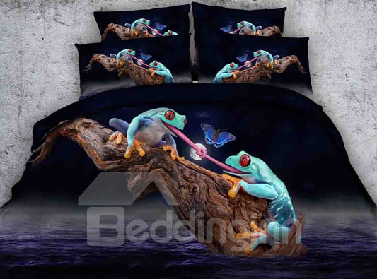 3D Frogs and Butterfly Printed Polyester 4-Piece Bedding Sets/Duvet Covers