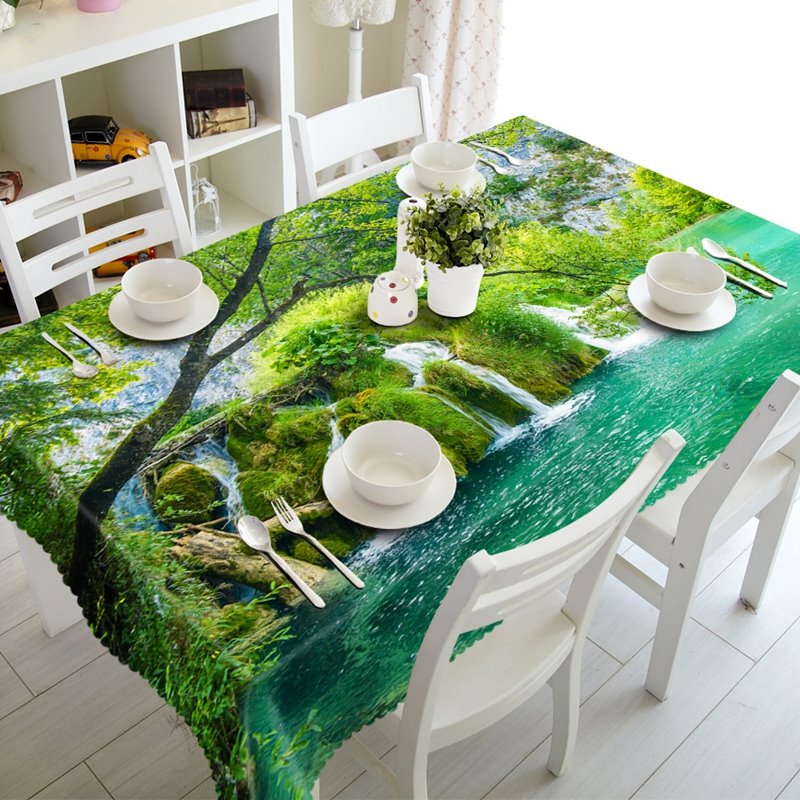Natural Waterfall in the Forest Scenery Prints Washable 3D Tablecloth