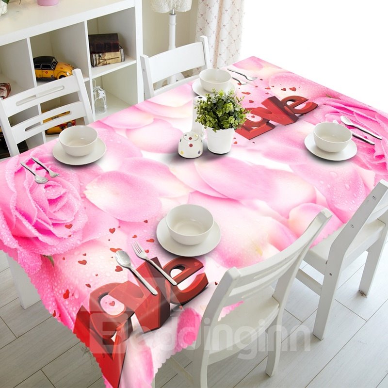 Romantic Love Pink Rose Petals Prints Polyester Fibre Washable 3D Tablecloth