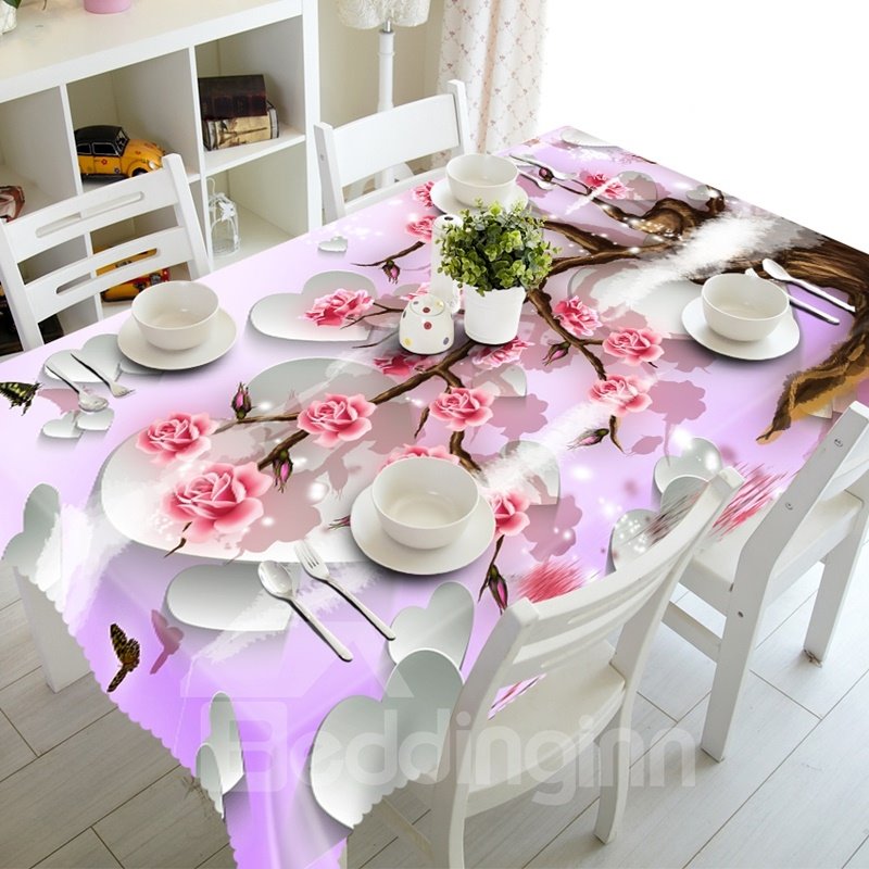 White Heart and Pink Flowers Pattern Design Polyester Fibre 3D Tablecloth