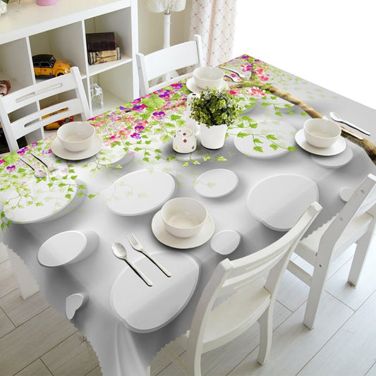 White Circle and Flowers Pattern Home Decoration Washable 3D Tablecloth