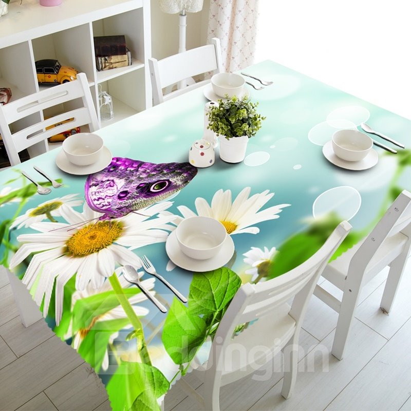 Mantel 3D con estampado de flores blancas brillantes y mariposas moradas, decoración para comedor