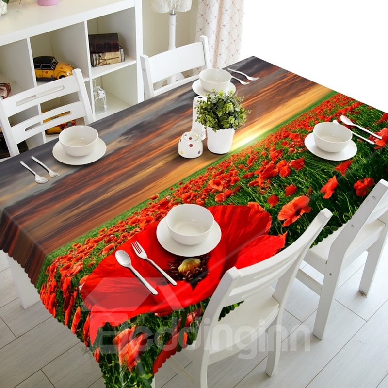 Gorgeous Red Flowers Field Prints Washable Dining Room Decoration 3D Tablecloth