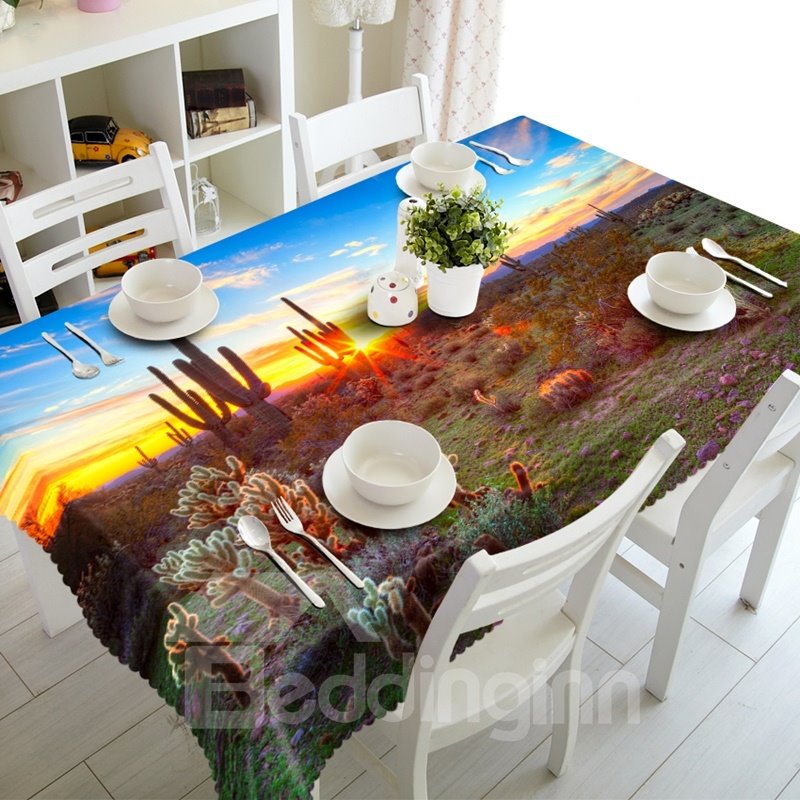 Mantel 3D divertido para decoración del hogar con patrón de paisaje de cactus en la puesta de sol
