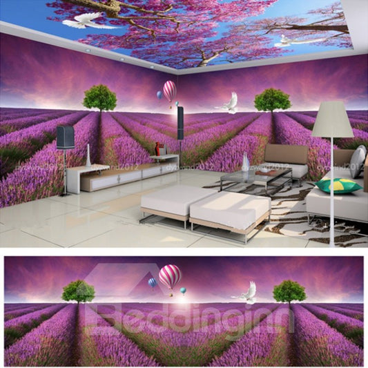 Murales de pared y techo 3D impermeables con diseño de patrón de campo de lavanda romántico púrpura