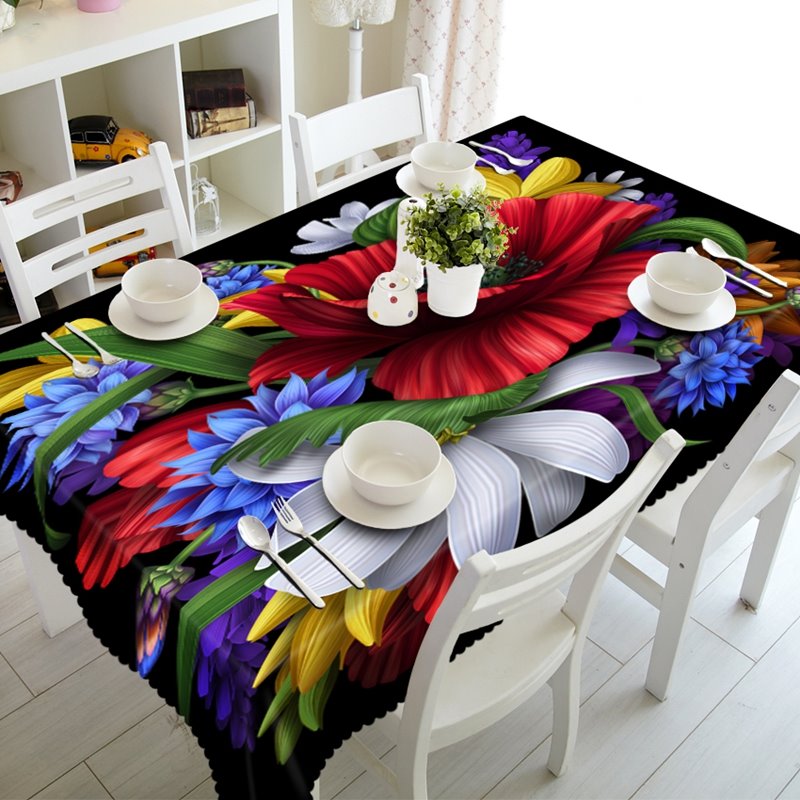 Mantel 3D lavable con estampado de flores coloridas para decoración de comedor