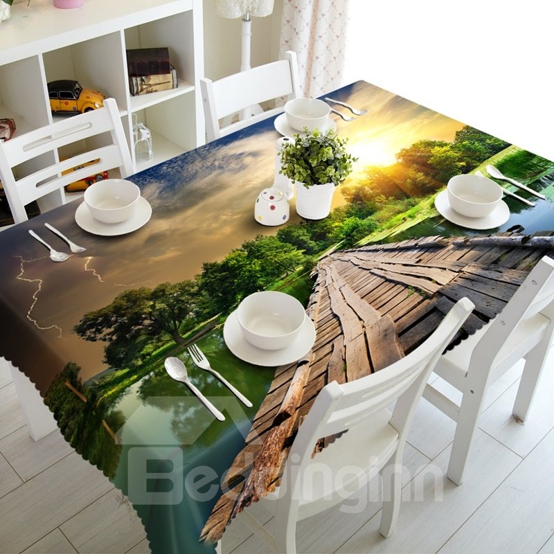 Unique Design Wooden Bridge over the River Prints 3D Tablecloth