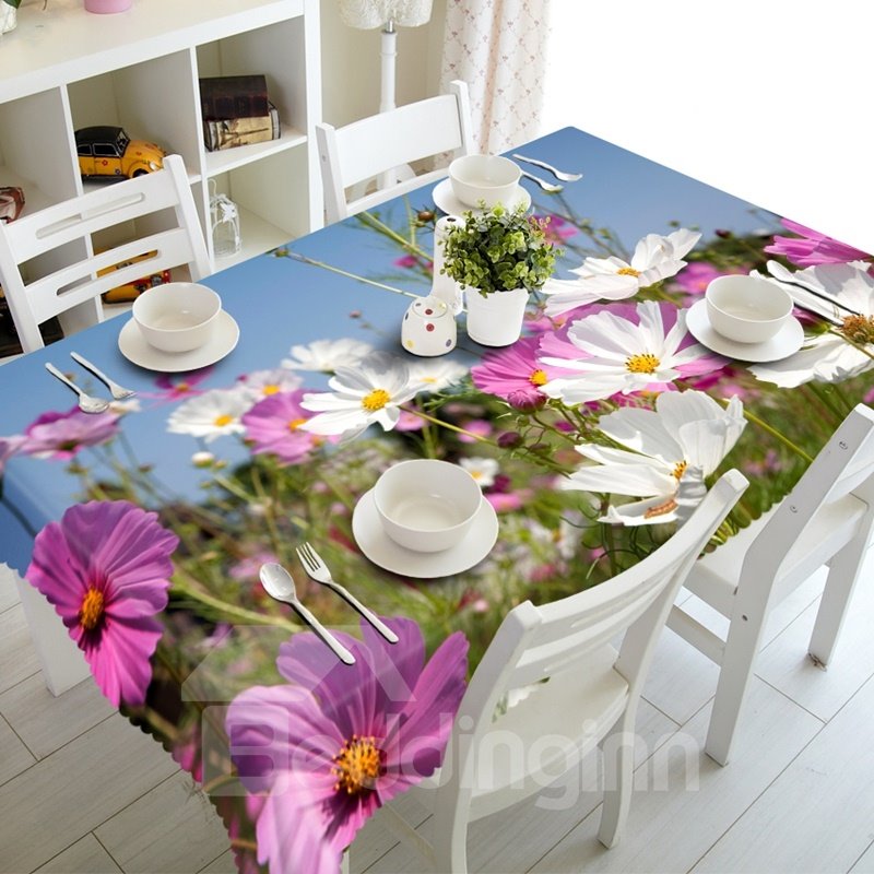 Mantel 3D con estampado de flores blancas y rosas, diseño de decoración de comedor