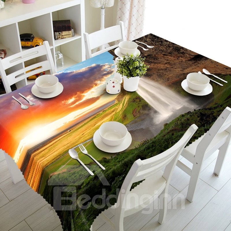 Abwaschbare 3D-Tischdecke mit Sonnenuntergang, Wasserfall, natürlicher Landschaft, Druckdesign