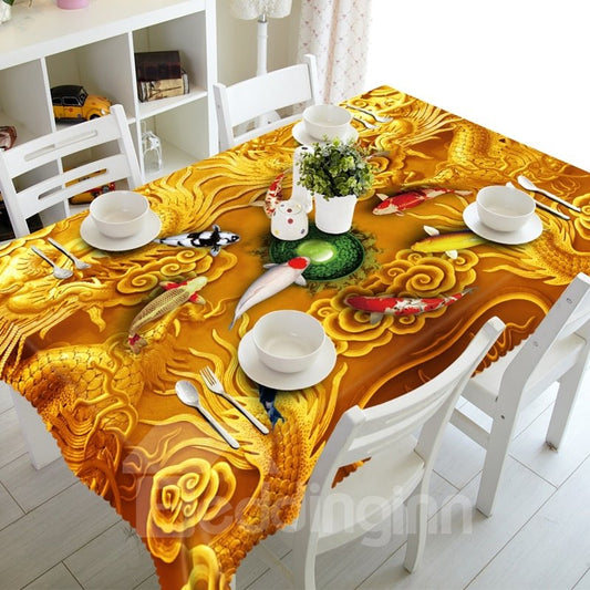 Abwaschbare 3D-Tischdecke aus Polyesterfaser mit goldenem Drachen- und Goldfisch-Druck-Design