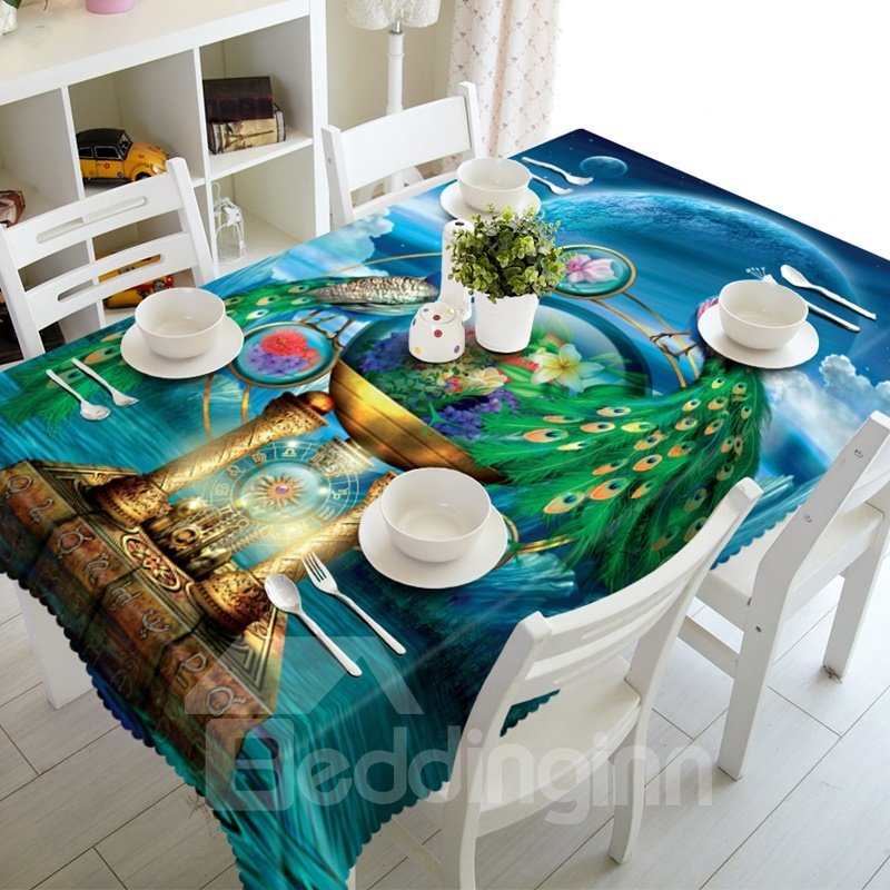 Excelente mantel creativo con estampado de pavos reales para decoración de comedor en 3D