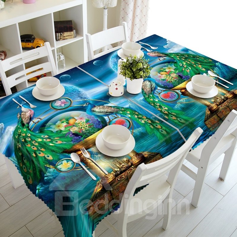 Mantel 3D para decoración de comedor con estampado de pavos reales de lujo