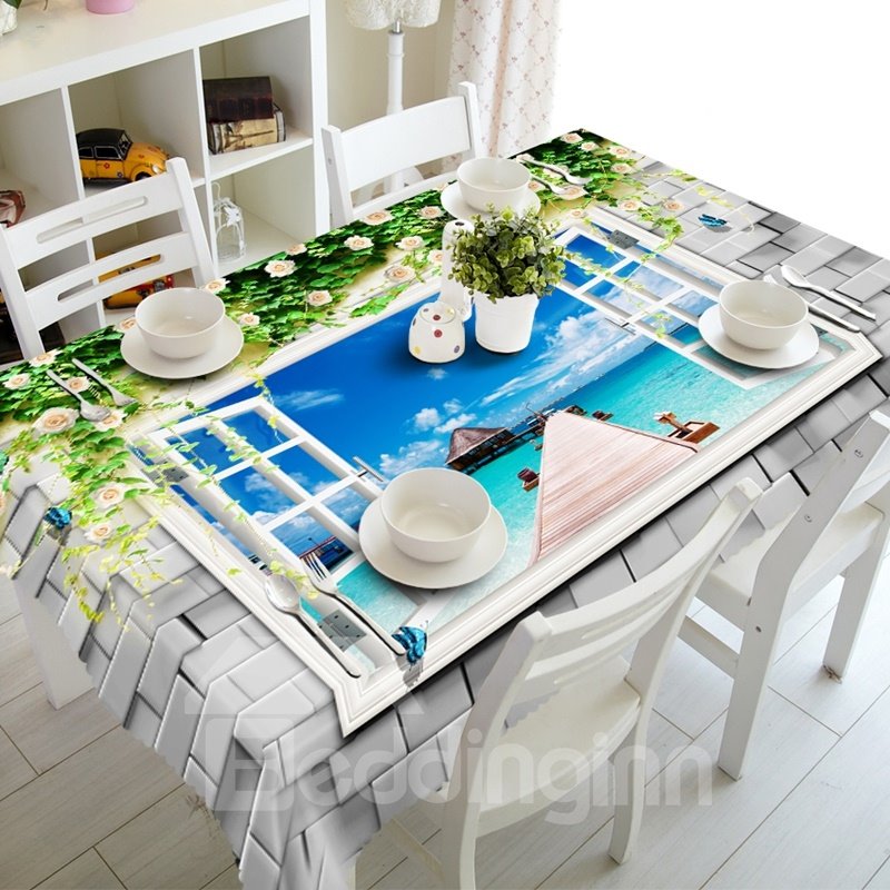 Natural Window Seaside Scenery Prints Washable 3D Tablecloth