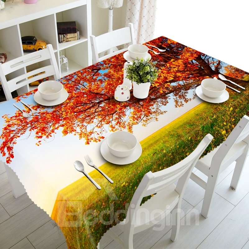 Amazing Autumn Tree in Grassland Prints Dining Room Decoration 3D Tablecloth