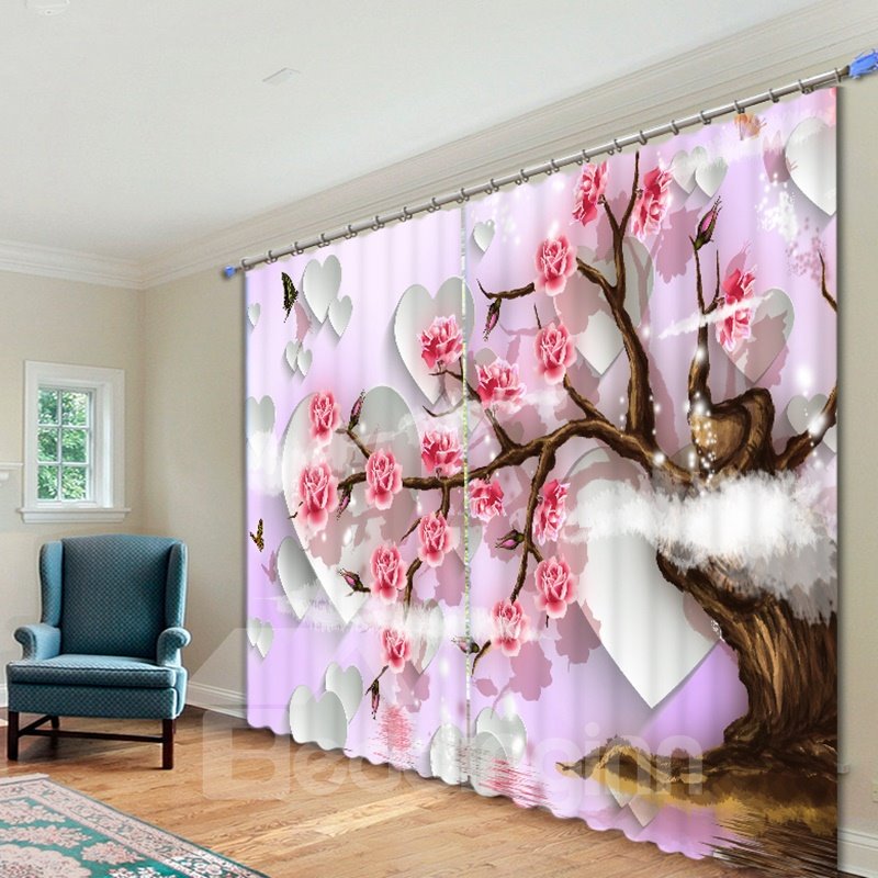 Charming Tree full of Pink Blooming Flowers Printed 3D Curtain