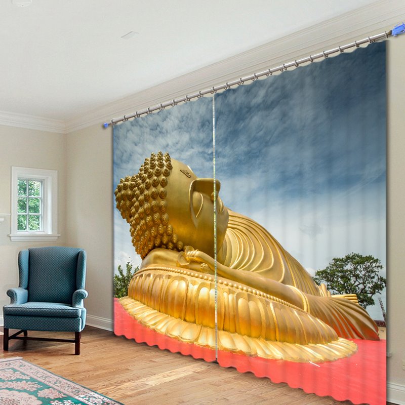 Cortina 3D impresa con estatua dorada de Buda acostada 