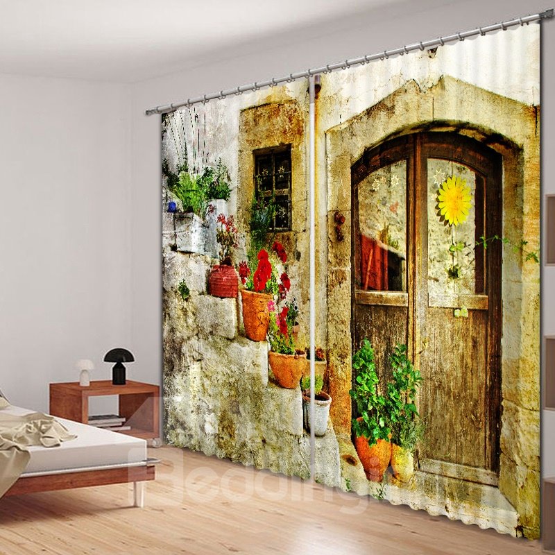 3D-Vorhang mit malerischer Tür und farbigen Blumen 