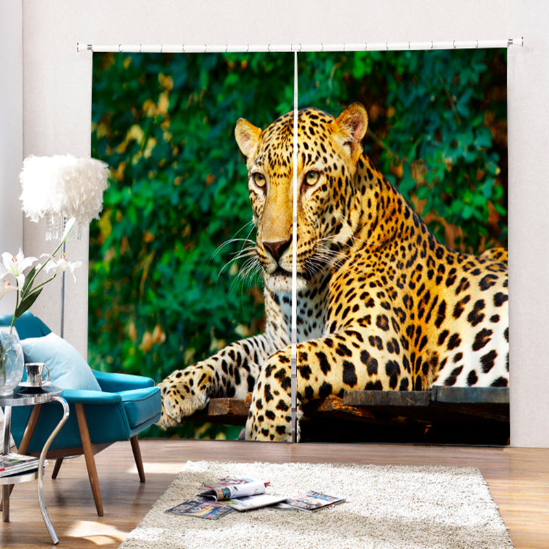 Crouching Leopard Printed Blackout Curtain, Wild Animal Theme Polyester Curtain