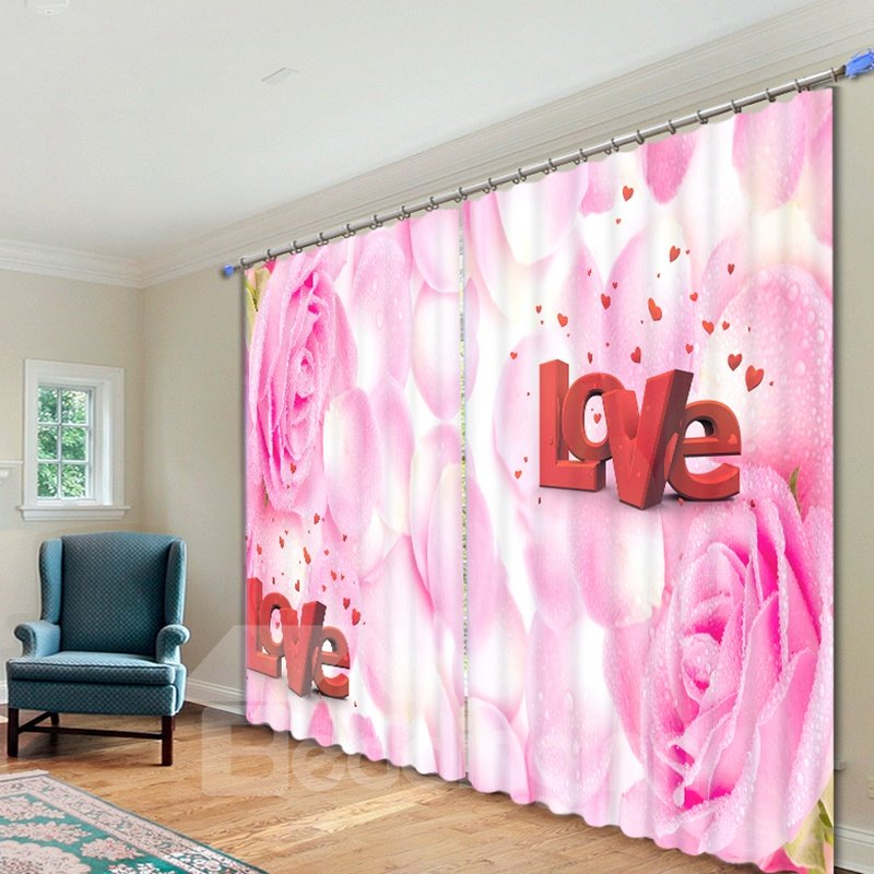 Pink Rose with Love Printed 3D Curtain