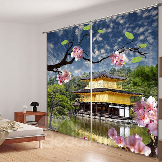 Encantadora cortina 3D con estampado de flores de cerezo rosadas 