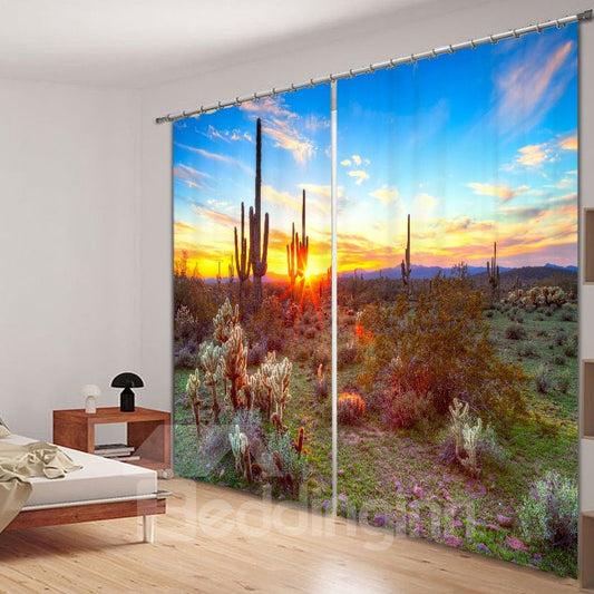 Cortina 3D personalizada con estampado de cactus verde y hermoso paisaje de puesta de sol para sala de estar