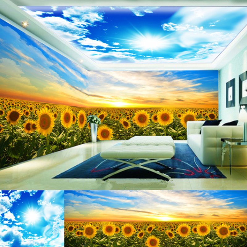 Murales de techo/pared impermeables 3D con girasoles amarillos y cielo azul