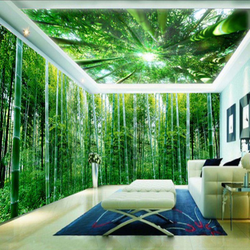 Murales autoadhesivos impermeables para techo y pared con diseño de bosque de bambú natural verde 3D