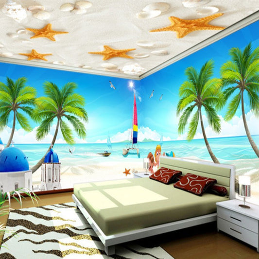 Natural Starfishes Prints Sandbeach Ceiling Murals and Palm Tree Seaside Scenery 3D Wall Murals