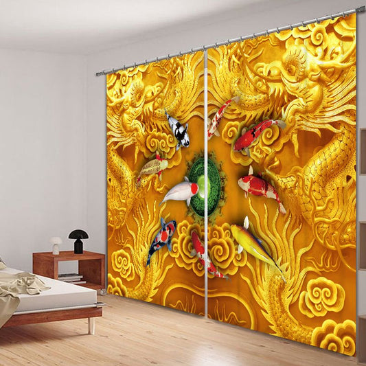 3D-Schattenvorhang mit chinesischen Drachen und goldenen Fischen, bedruckt, dickes Polyester, gelbe Farbe, 2 Stück