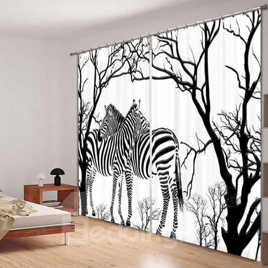 3D-Vorhang mit Zebras unter den Bäumen, bedruckt, prägnanter Stil, Schwarz-Weiß-Vorhang für Arbeitszimmer