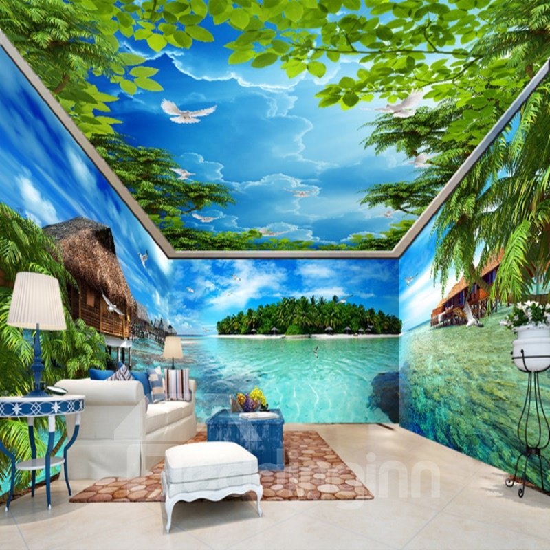 Natural Ocean Scenery and Blue Sky Combined Waterproof 3D Ceiling and Wall Murals