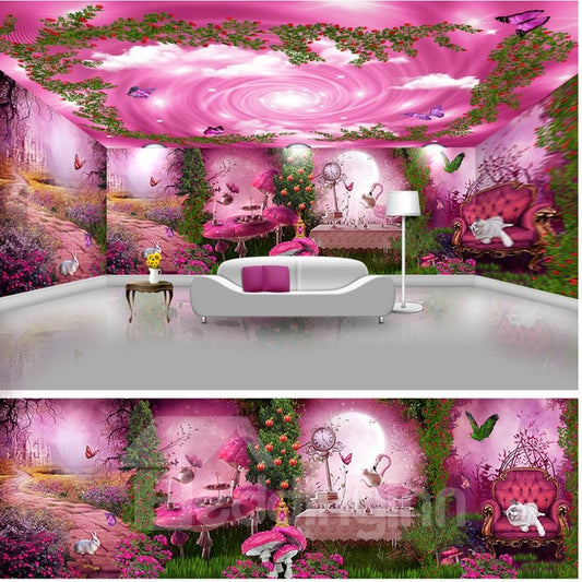 Rosa wunderschöne Waldlandschaft und Himmelsmuster-Design, wasserdichte 3D-Decken- und Wandgemälde