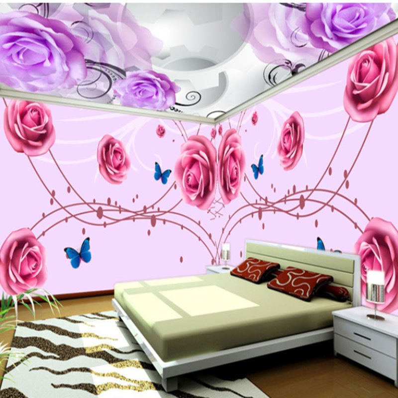 Murales de pared y techo 3D impermeables decorativos con diseño de patrón de flores rosas y moradas