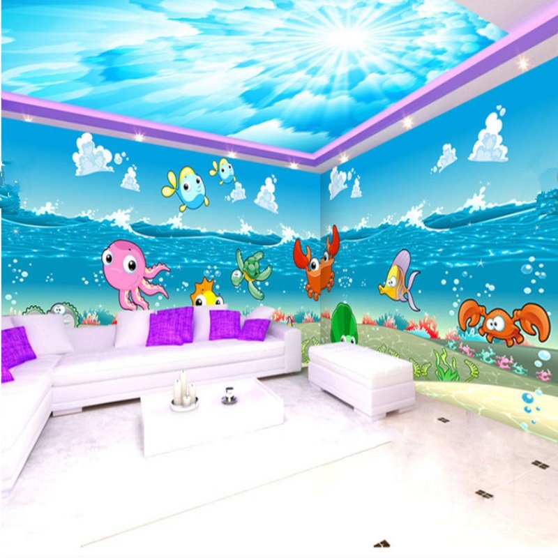 Dibujos animados lindos peces en el mar patrón combinado impermeable 3D techo y murales de pared