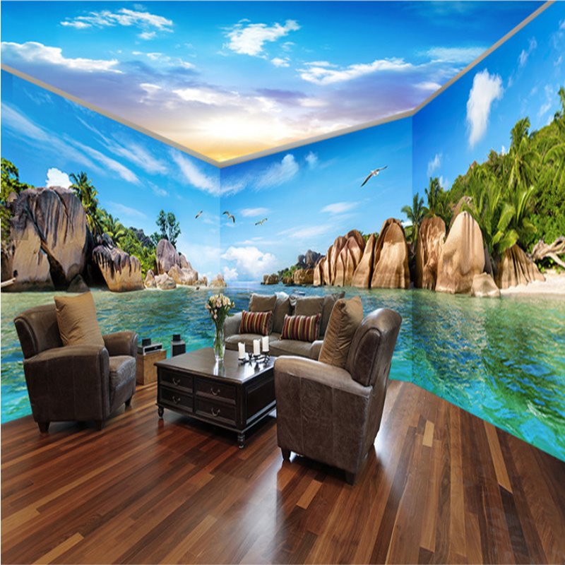 Wonderful Blue Sea and Island Pattern Combined Waterproof 3D Ceiling and Wall Murals