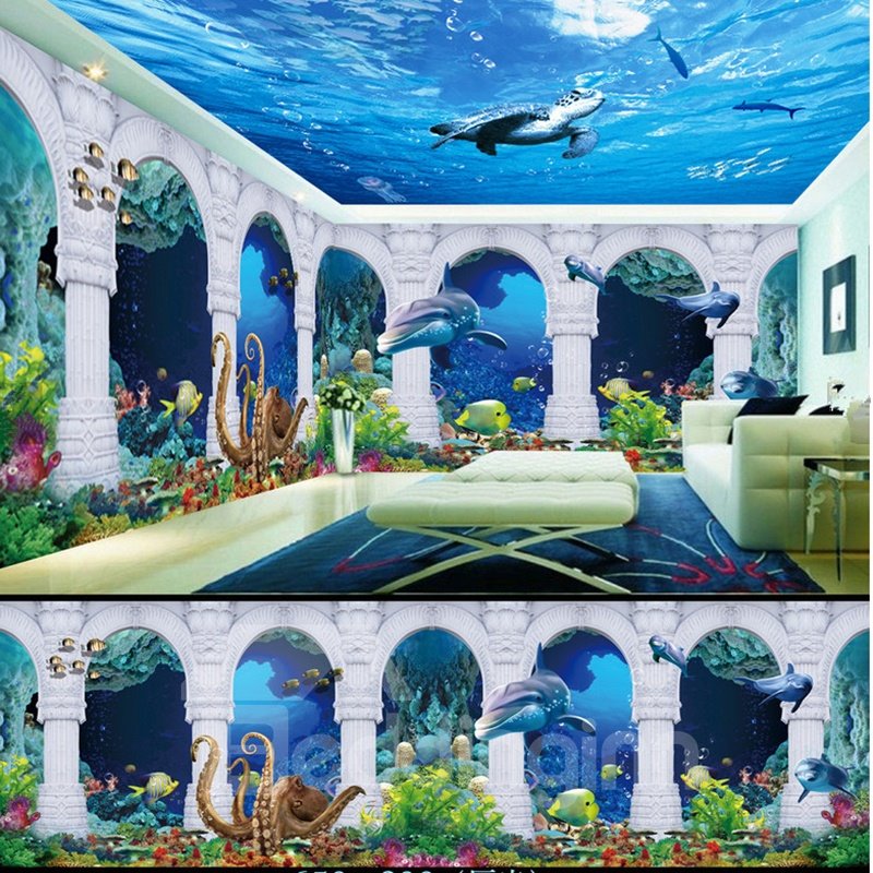Murales de techo y pared 3D combinados con patrón de paisaje del fondo marino de delfines azules y tortugas