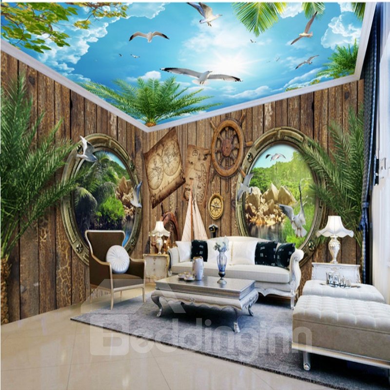 Amazing Wooden House and Blue Sky Pattern Design Combined 3D Ceiling and Wall Murals