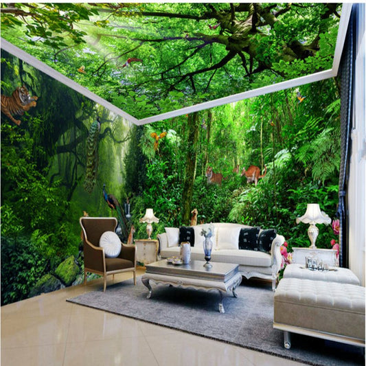 3D-Wandbilder mit grünem Wald und Tiger, wasserdicht, feuchtigkeitsbeständig, umweltfreundlich, selbstklebend für Decken und Wandgemälde