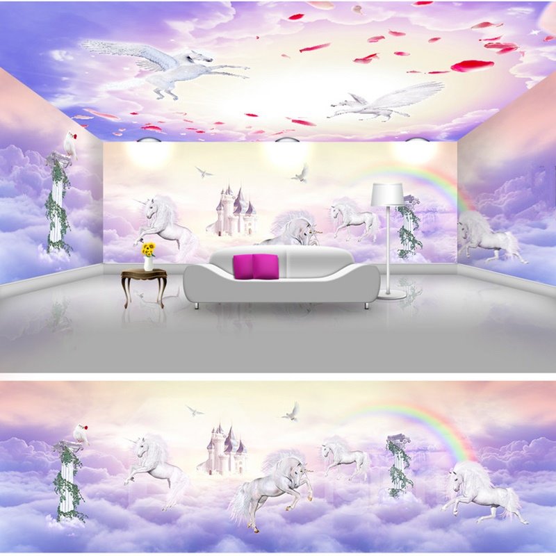 Purple Horses on the Clouds Prints Waterproof Combined 3D Ceiling and Wall Murals